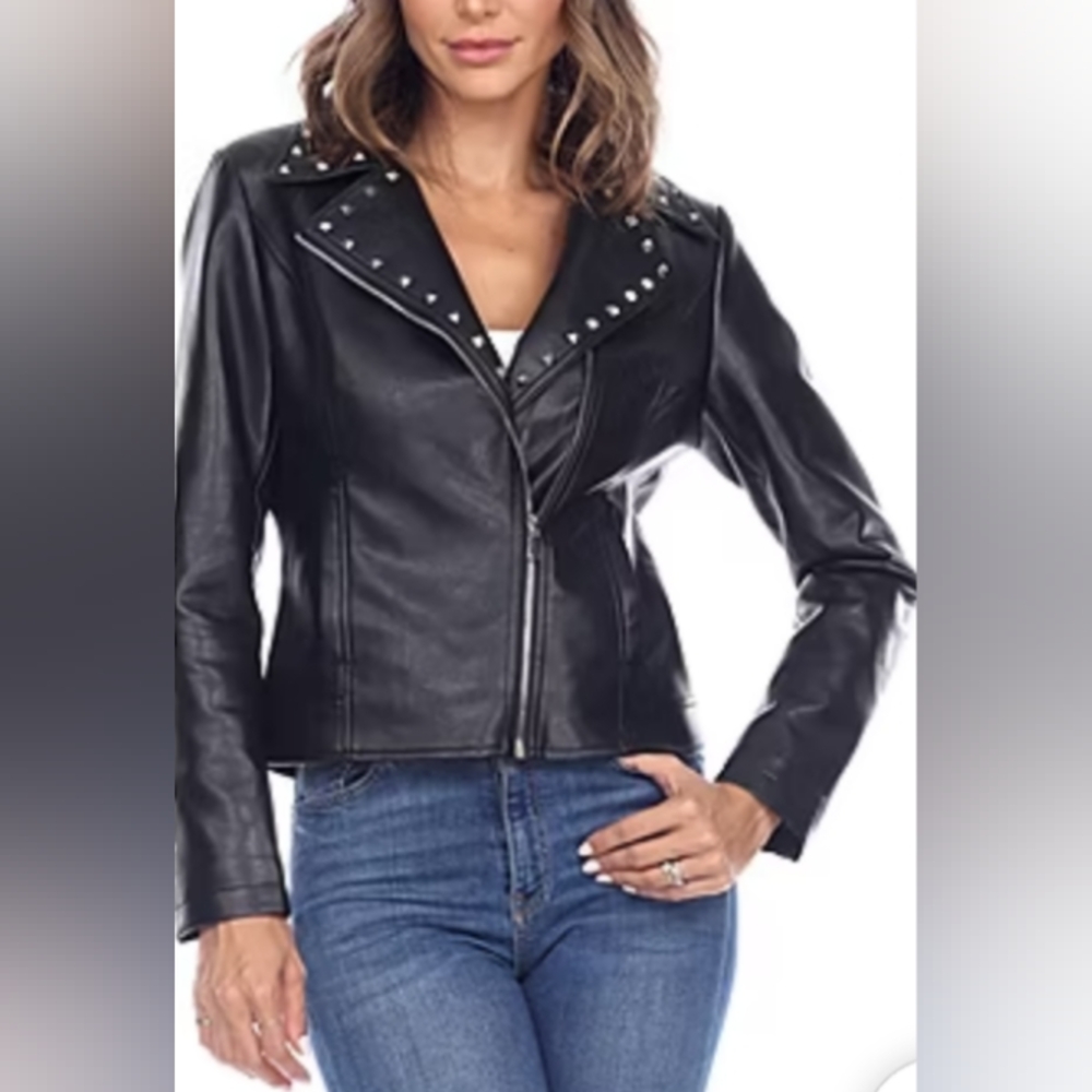 White Mark studded faux leather motorcycle jacket NWT SZ M